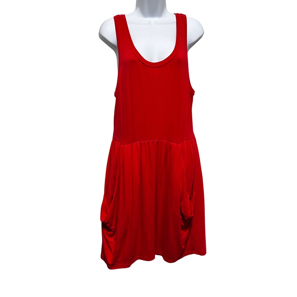 Pieces Women Drop Waist‎ Knee Length Dress L Red Oversized Pockets Flowy Resort